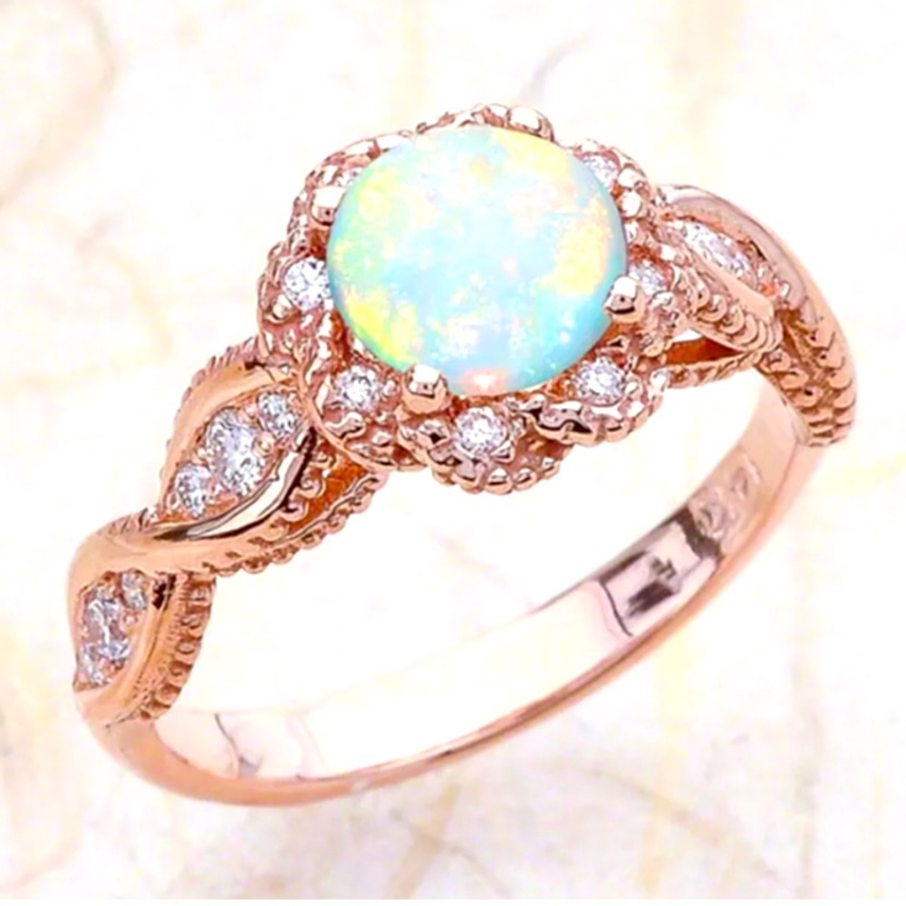 ROSE GOLD ROUND OPAL CZ DIAMOND HALO TWIST RING